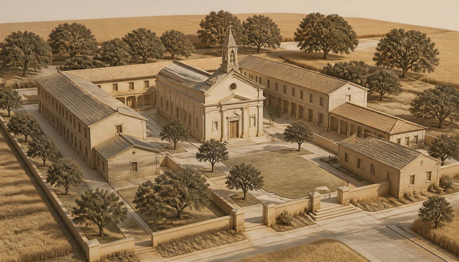 Massing study of the future campus, showing a central hall, classroom wings, and courtyards
