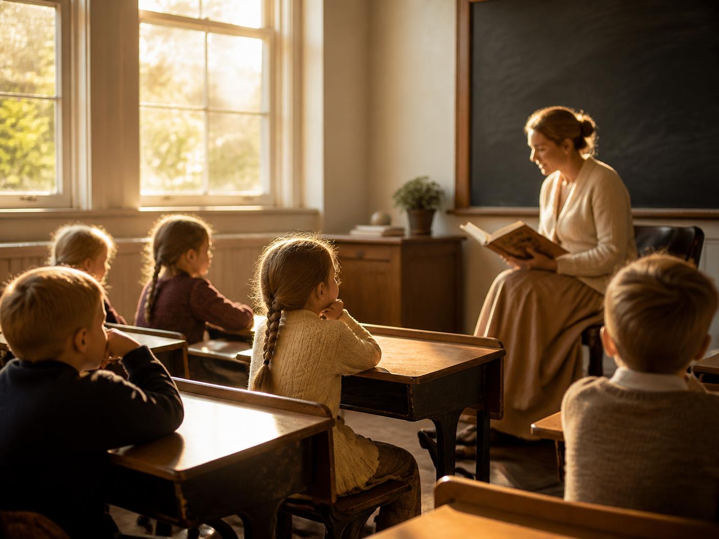 A teacher reading aloud to young students in a sunlit classroom